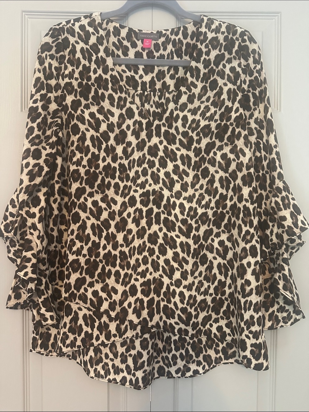Vince Camuto Beige and Black Leopard Ruffle Sleeve Blouse
